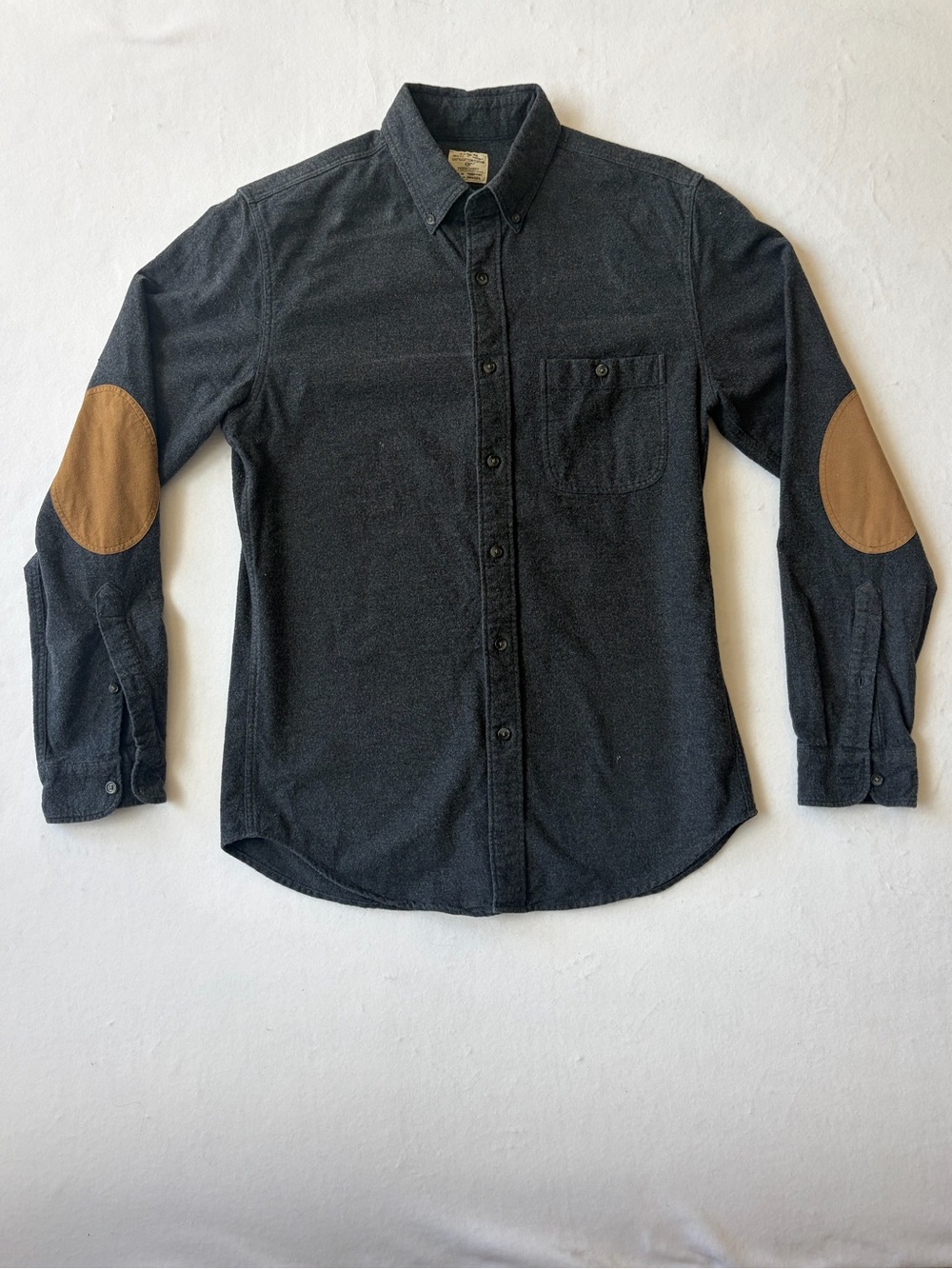 J Crew Men's Dark Gray Button-Down Shirt with Brown Elbow Patches